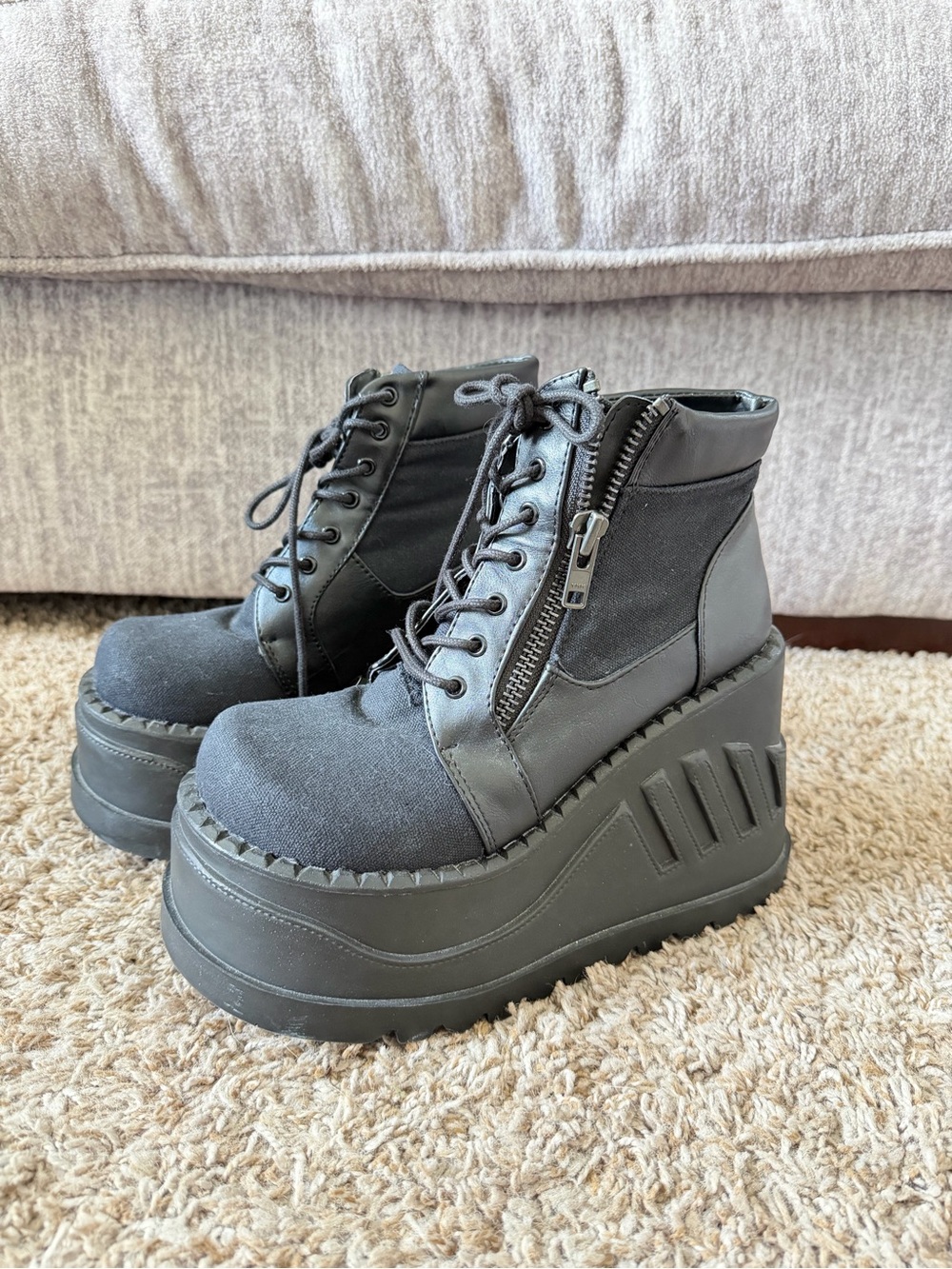 Demonia Stomp Black Platform Lace-Up Ankle Boots with Side Zipper